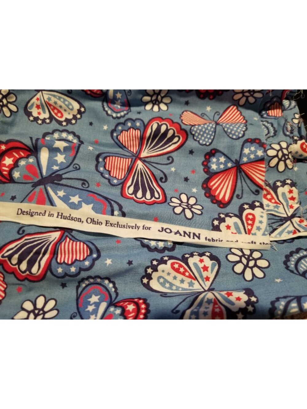Material Cotton Blue Fabric Butterfly  Red White Blue Star Stripes  38" x  42" C